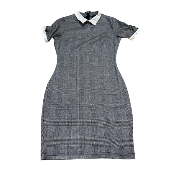 Revamped Dresses & Skirts - Gray Plaid Bodycon Dress with White Collar